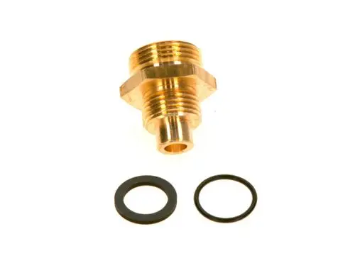 Bosch-Gasdüse in Messingfarbe mit zwei schwarzen O-Ringen, geeignet für verschiedene Anwendungen in der Gasversorgung.